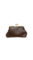 Alexa Koi Elongated Croc Clutch in Dark Brown, front view