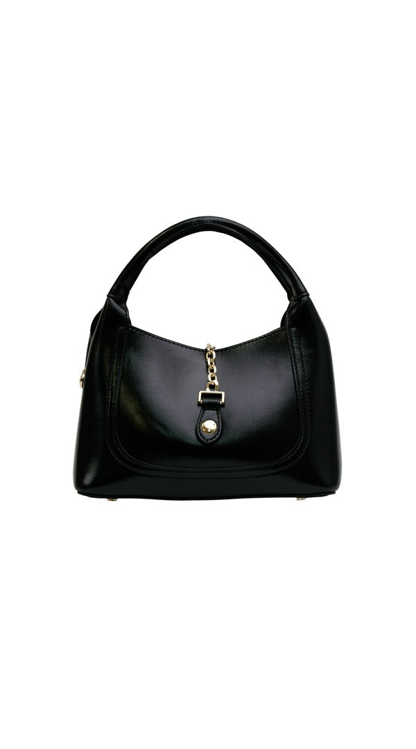 Alexa Koi Smooth Leather Chain Closure Handbag in Black, hardware detail