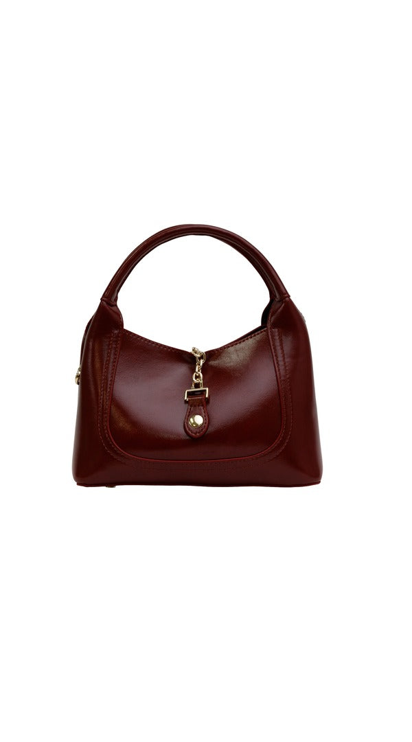Alexa Koi Smooth Leather Chain Closure Handbag in Burgundy, hardware detail
