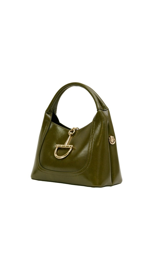 Alexa Koi Smooth Leather Chain Closure Handbag in Olive, side view
