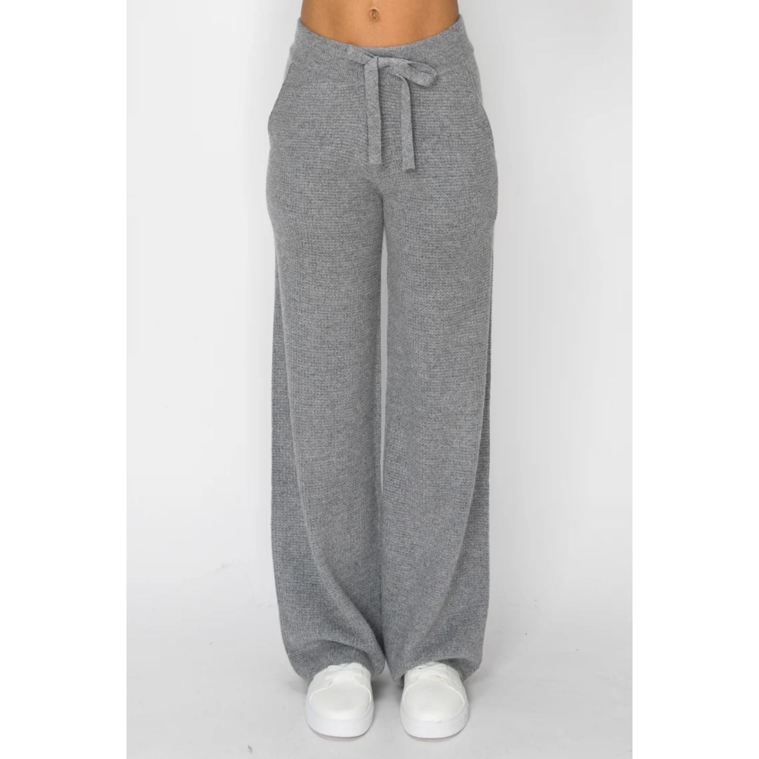 Women's H-Grey Angora Cashmere Waffle Pant featuring a drawstring waistband, side pockets, and relaxed wide-leg silhouette.