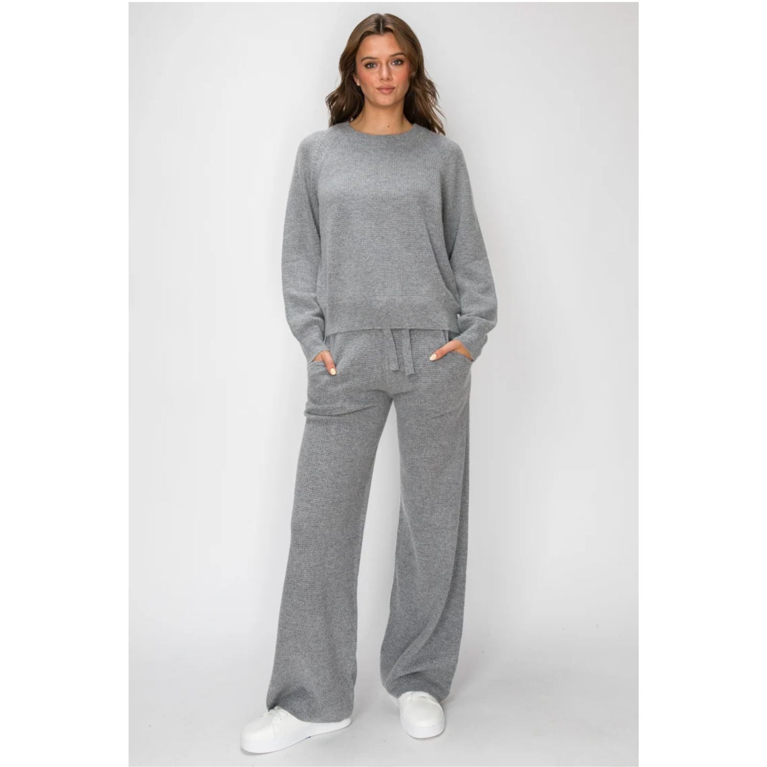 Women's grey Angora Cashmere Waffle Pullover with crew neckline, long sleeves, relaxed fit, and subtle textured knit