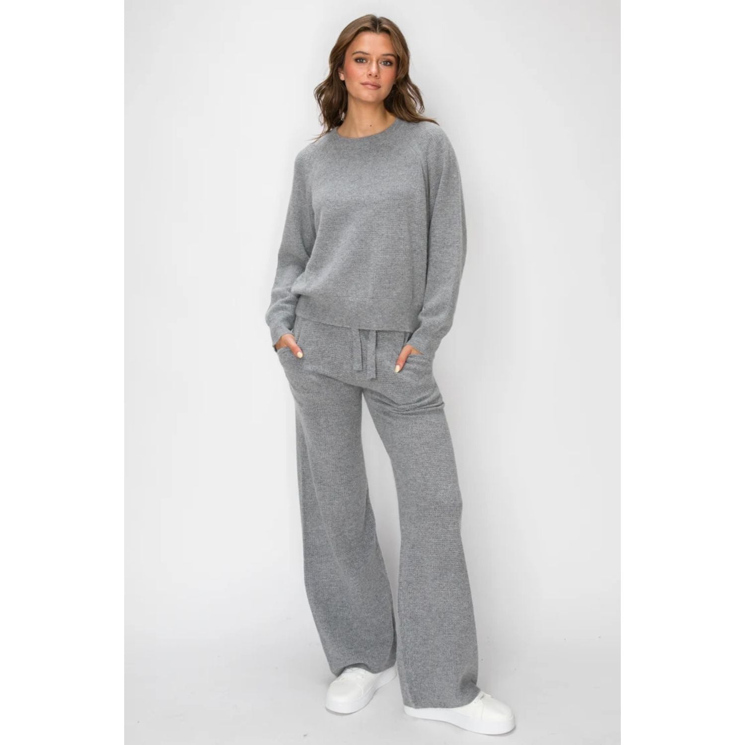 Women's grey Angora Cashmere Waffle Pullover with crew neckline, long sleeves, relaxed fit, and subtle textured knit