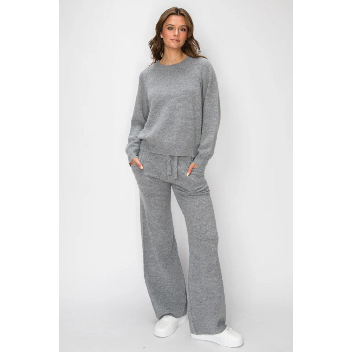 Women's grey Angora Cashmere Waffle Pullover with crew neckline, long sleeves, relaxed fit, and subtle textured knit