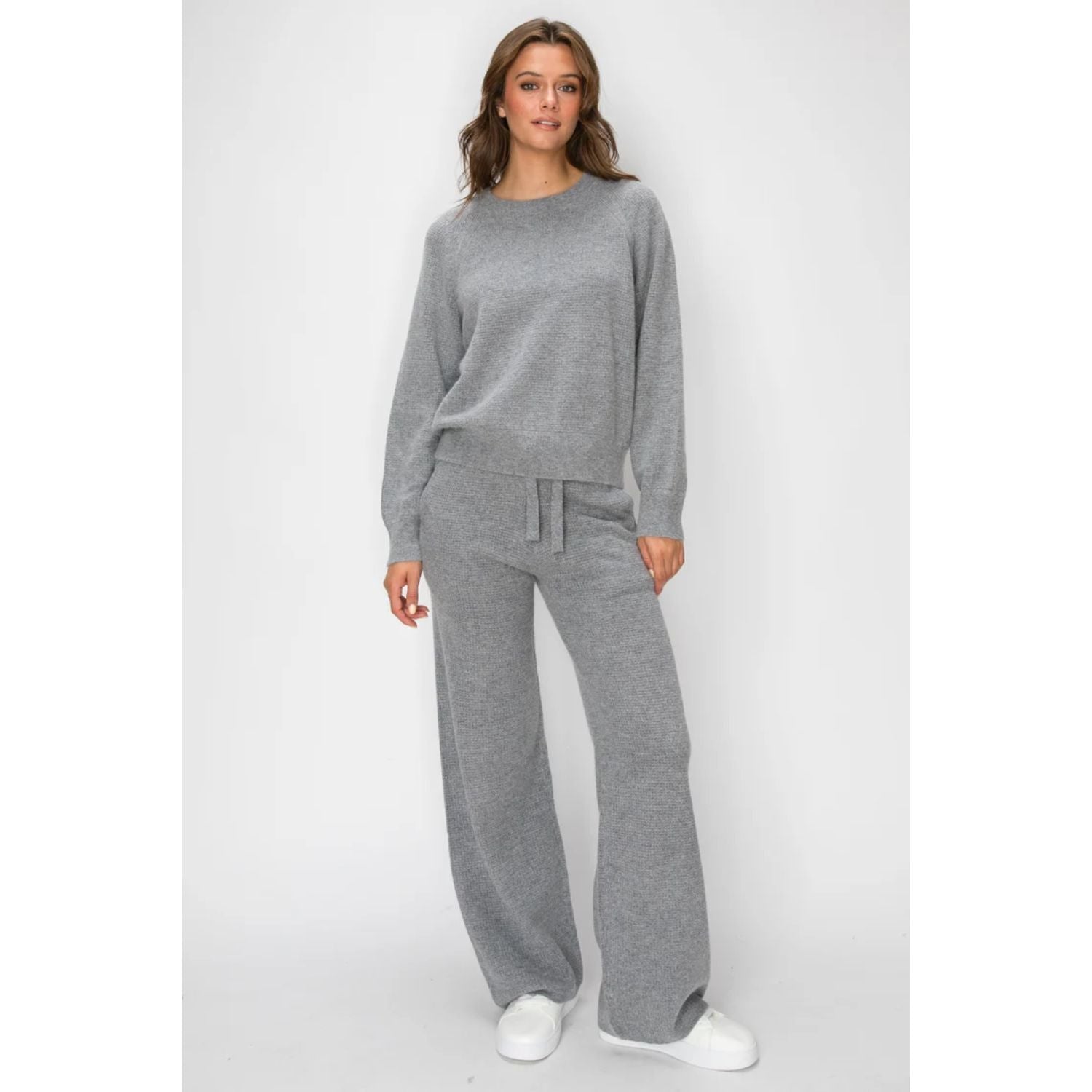 Women's grey Angora Cashmere Waffle Pullover with crew neckline, long sleeves, relaxed fit, and subtle textured knit