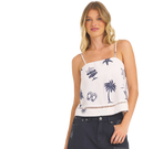 Printed spaghetti strap tank top with beach-inspired graphics, styled with denim bottoms