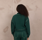 A model viewed from behind wearing a dark green two-piece tracksuit with contrasting light green stitching, consisting of a cropped long-sleeve top and matching wide-leg pants, standing against a textured beige wall.