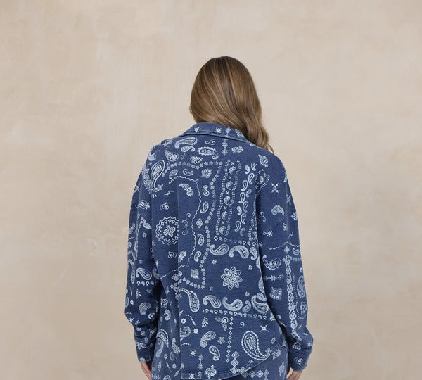 Vintage Havana Bandana Print French Terry Button Up in Dark Denim, back view