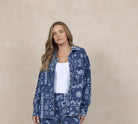 Vintage Havana Bandana Print French Terry Button Up in Dark Denim, front view