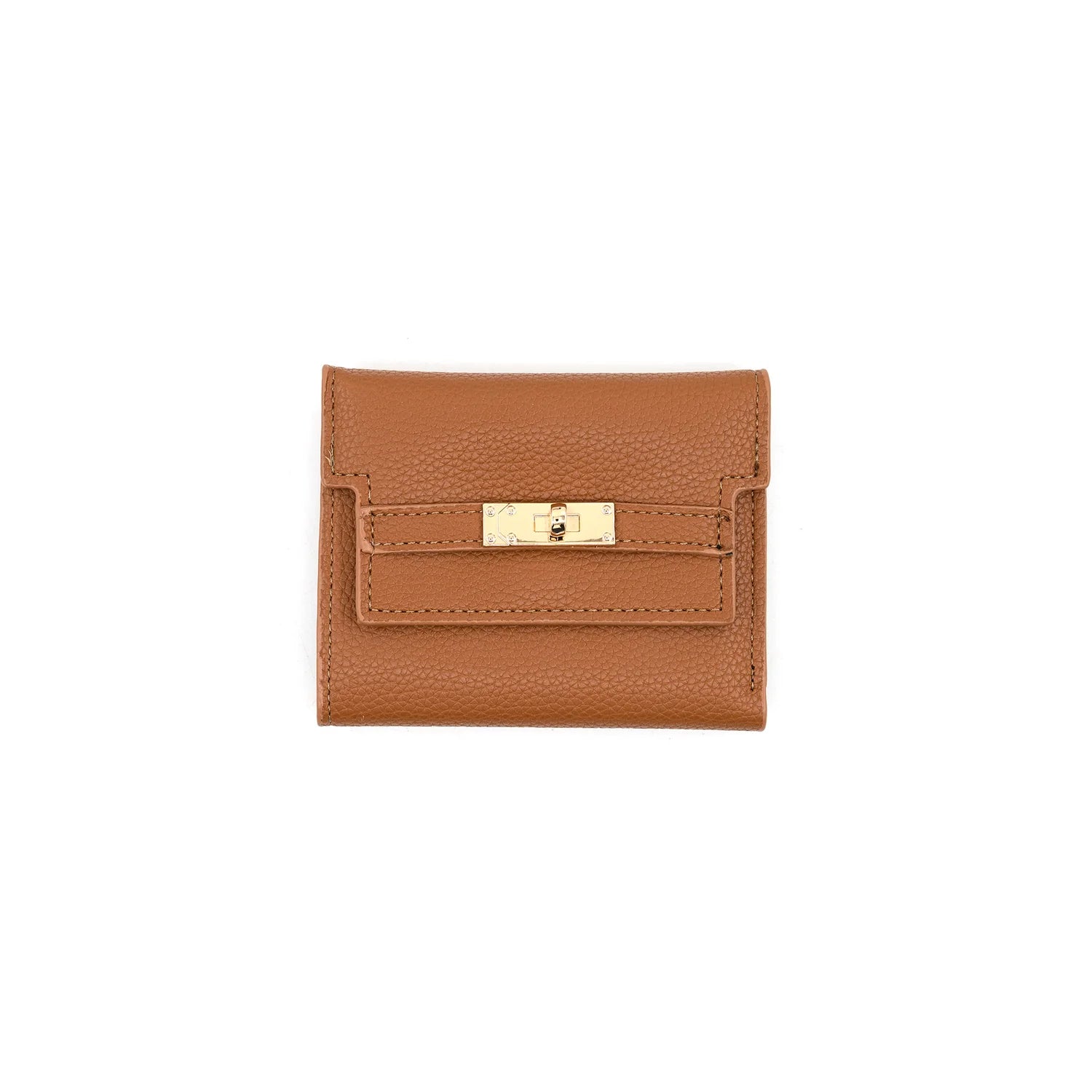 A small tan leather wallet with a gold turn-lock clasp, photographed flat against a solid white background.