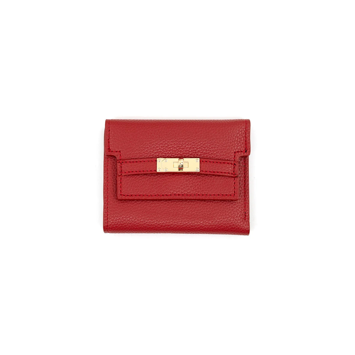 A red pebbled leather cardholder wallet with a gold-tone turn-lock clasp, shown flat against a solid white background.