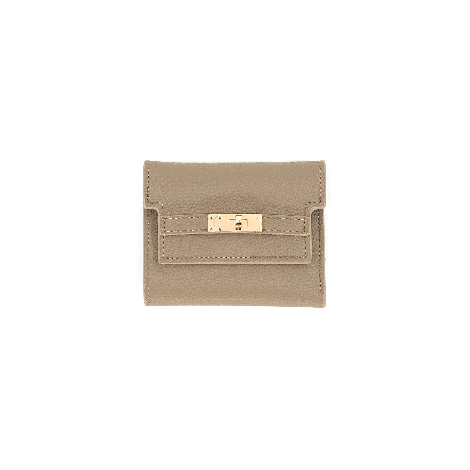 A small taupe leather wallet with a gold-tone turn-lock clasp on a plain white background.