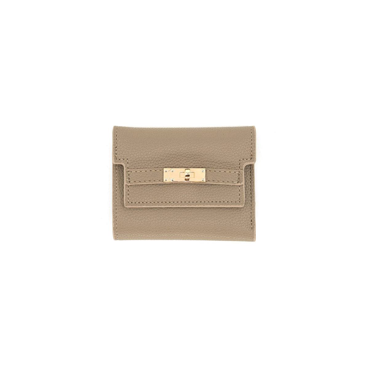 A small taupe leather wallet with a gold-tone turn-lock clasp on a plain white background.