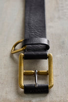 Free People Brooklyn Belt in Black, detail view of brass-tone buckle