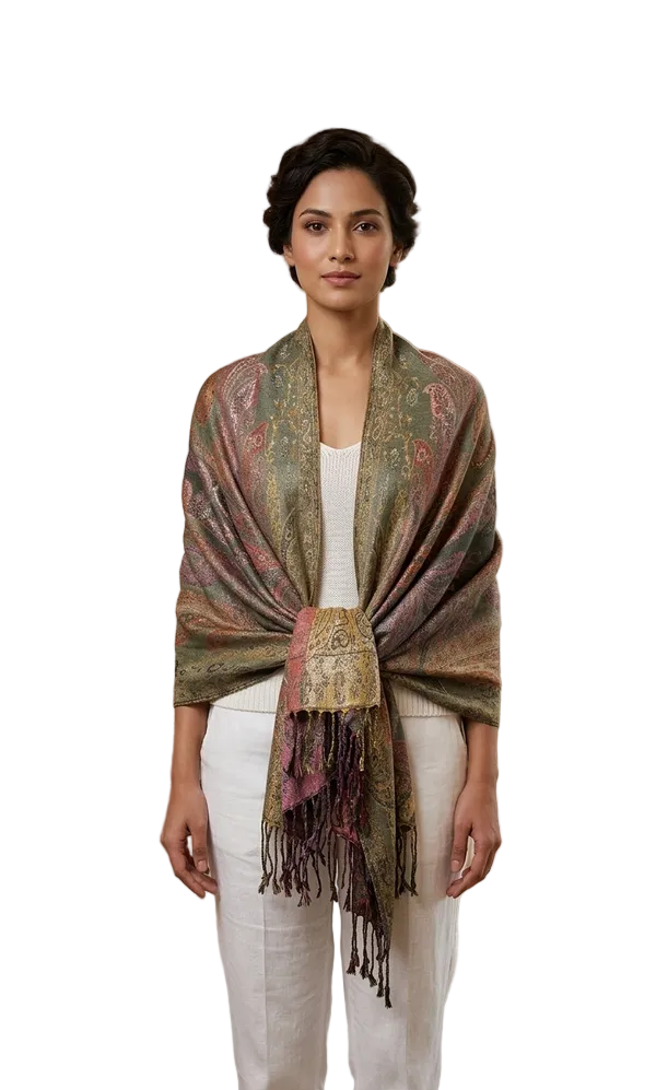 Woman wearing an oversized metallic-thread pashmina shawl with a fringed hem.