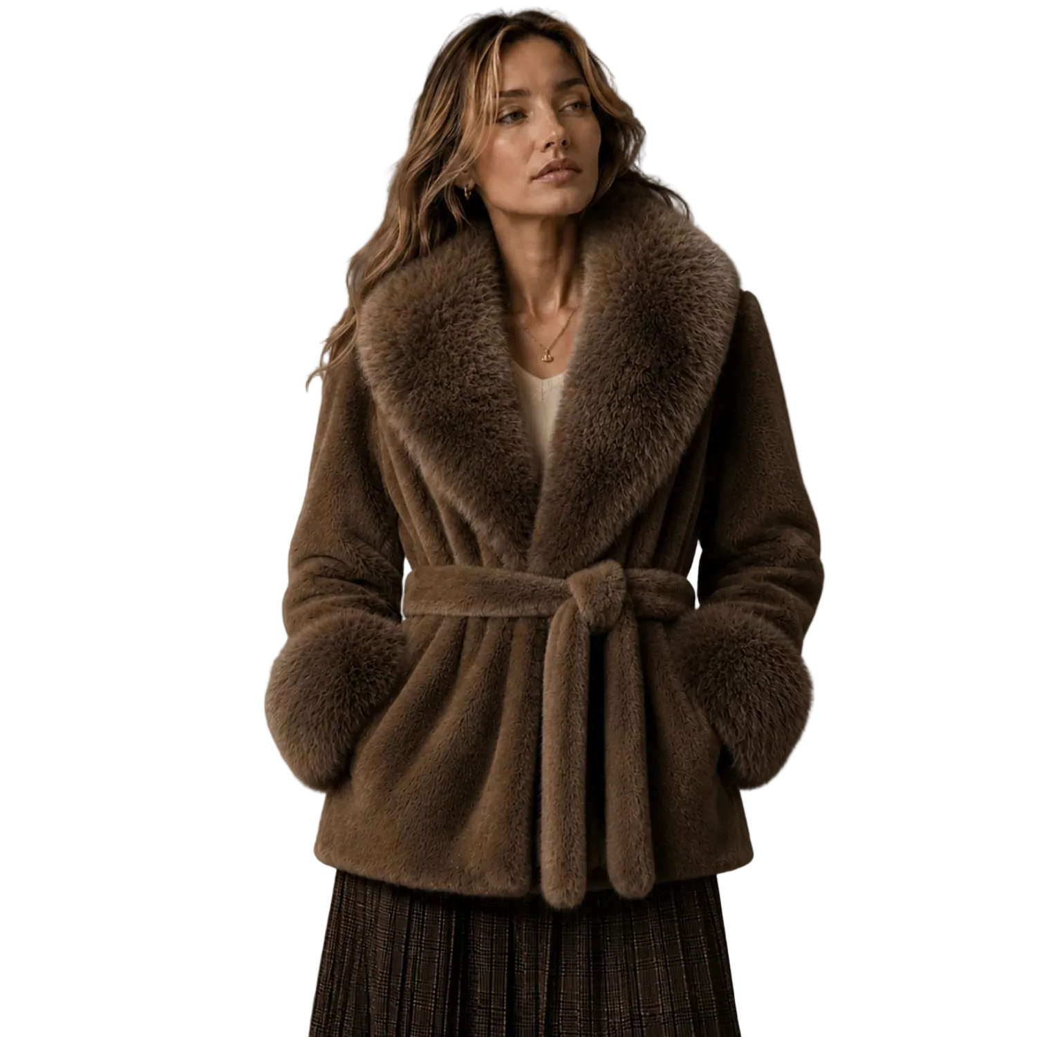 Plush belted faux-fur coat with oversized collar