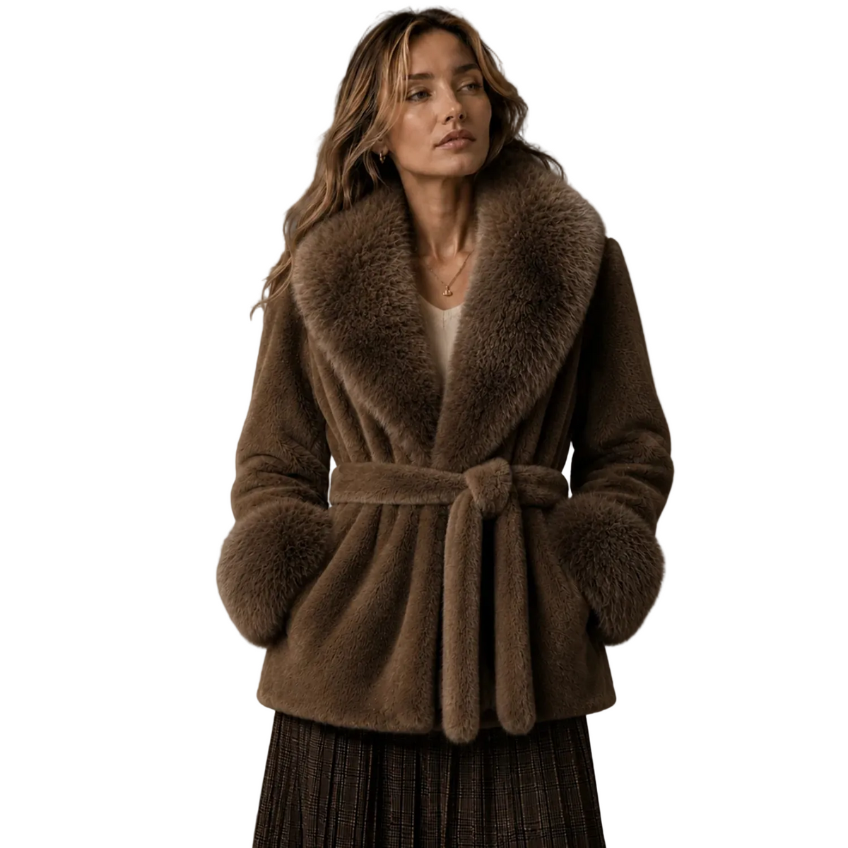 Plush belted faux-fur coat with oversized collar