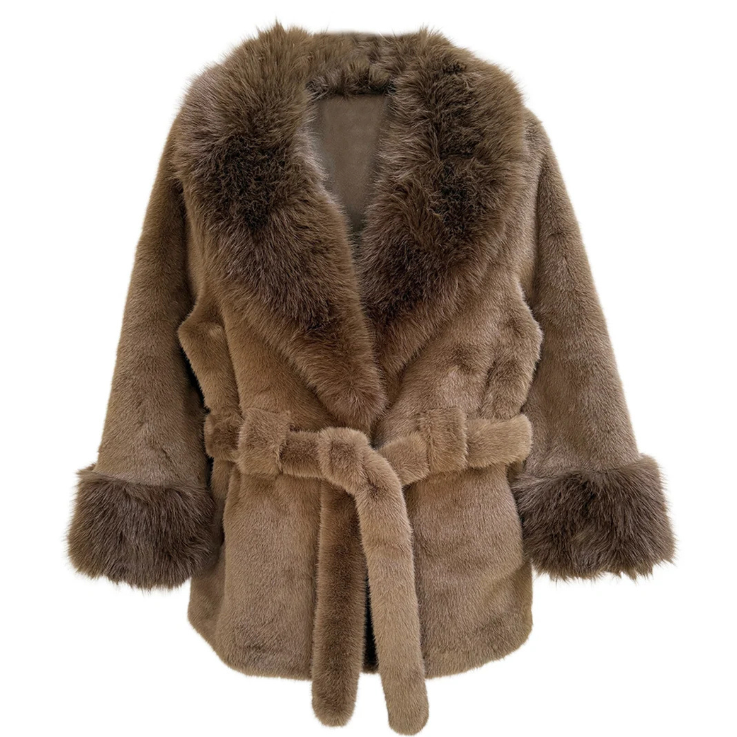 Plush belted faux-fur coat with oversized collar