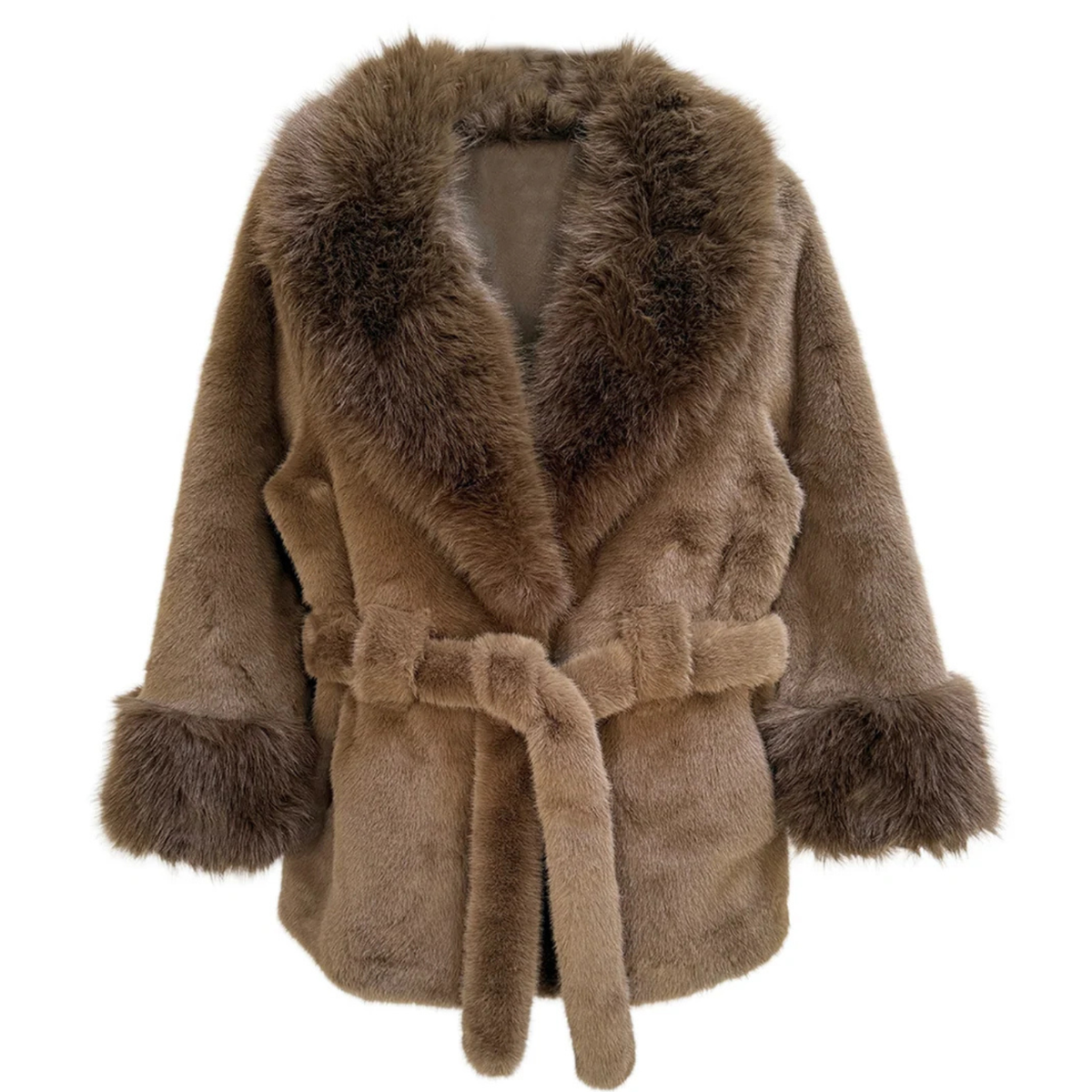 Plush belted faux-fur coat with oversized collar