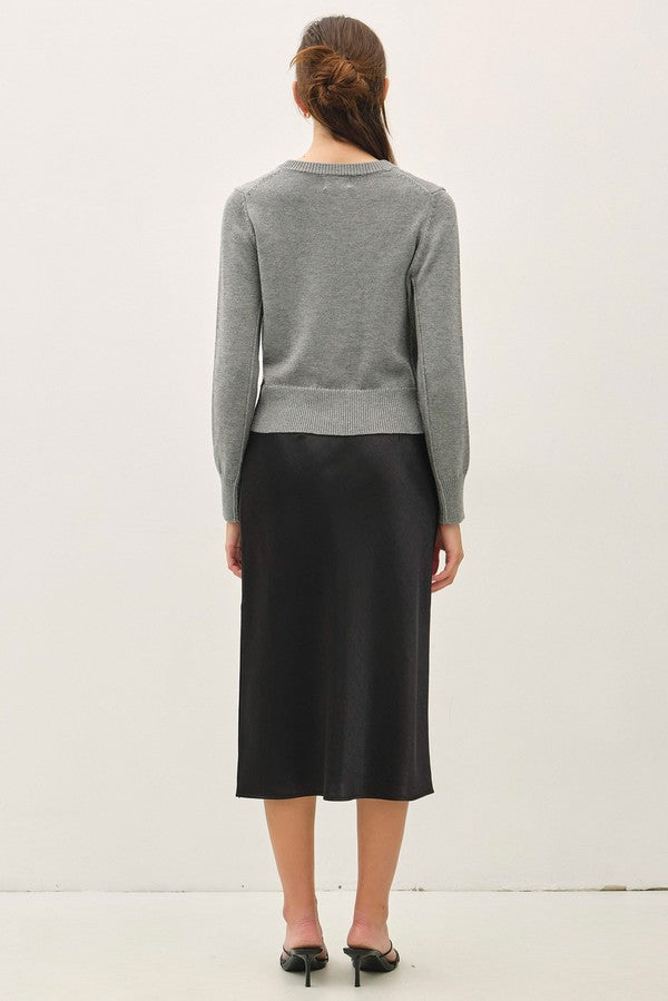 Be Cool Satin A-Line Midi Skirt with Elastic Waistline in Black, back view