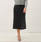 Be Cool Satin A-Line Midi Skirt with Elastic Waistline in Black, front view