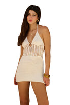 crochet mini dress, halter mini dress, women’s mini dress, open knit dress, boutique women’s dresses, vacation mini dress, beach cover up dress, summer mini dress, resort wear dress, feminine knit dress