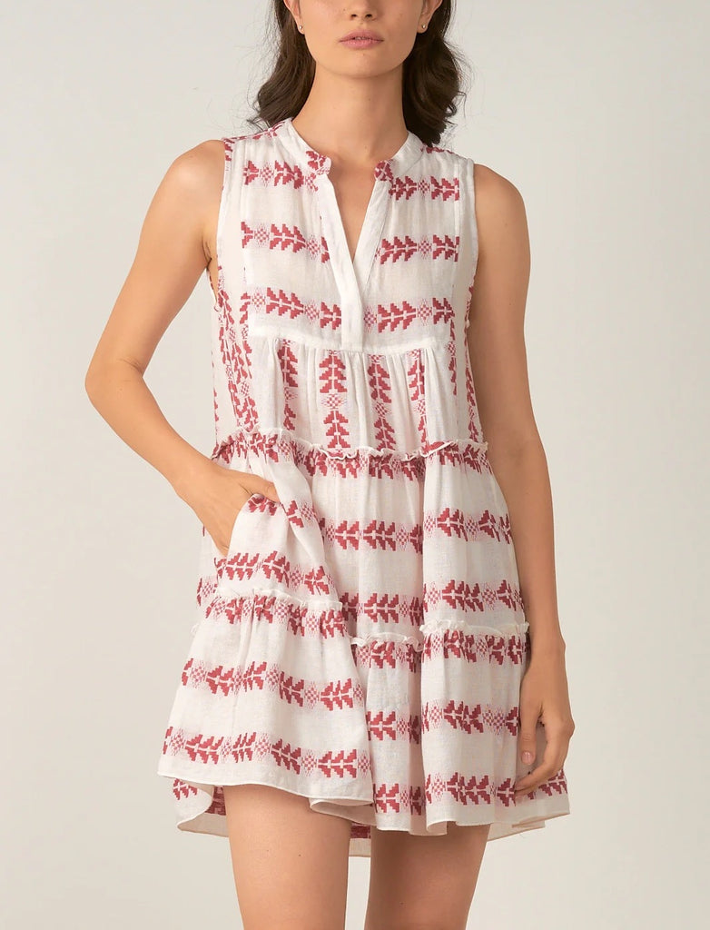 Elan Printed Sleeveless Dress White Pink Print. Made with an effortless fit, this A-line dress is lightweight and sweet to the touch. Vintage-inspired with an arrow-print and timeless V-neckline.