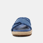 Courtney Sandal Denim. Upgrade your summer wardrobe with these slip-on sandals. Experience unparalleled comfort with its molded footbed and enjoy the stylish blue distressed denim textile fabric complementing any casual outfit. The rope-detailed outsole adds a touch of sophistication to this chic and versatile sandal