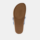 Courtney Sandal Denim. Upgrade your summer wardrobe with these slip-on sandals. Experience unparalleled comfort with its molded footbed and enjoy the stylish blue distressed denim textile fabric complementing any casual outfit. The rope-detailed outsole adds a touch of sophistication to this chic and versatile sandal.