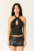 Cotton Candy LA Twist Front Halter Neck Top in Black, front view