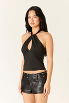Cotton Candy LA Twist Front Halter Neck Top in Black, side view
