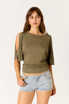 Cotton Candy LA Bell Sleeve T-Shirt Blouse in Olive, front view