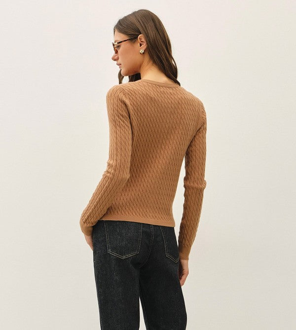 Be Cool Cable Knit Ribbed Classic Cut Button Up Cardigan in Camel, back view