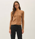 Be Cool Cable Knit Ribbed Classic Cut Button Up Cardigan in Camel, front view