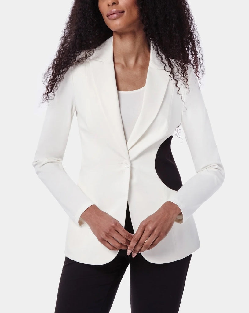 Abstract Blazer White. This unique white blazer features an abstract color-block detail making it perfect for a chic and futuristic look, sure to make you stand out.