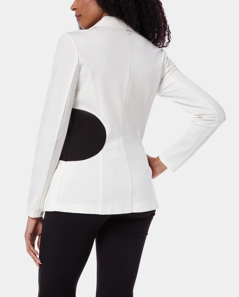 Abstract Blazer White. This unique white blazer features an abstract color-block detail making it perfect for a chic and futuristic look, sure to make you stand out.