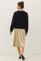 Be Cool Satin A-Line Midi Skirt with Elastic Waistline in Champagne Gold, back view