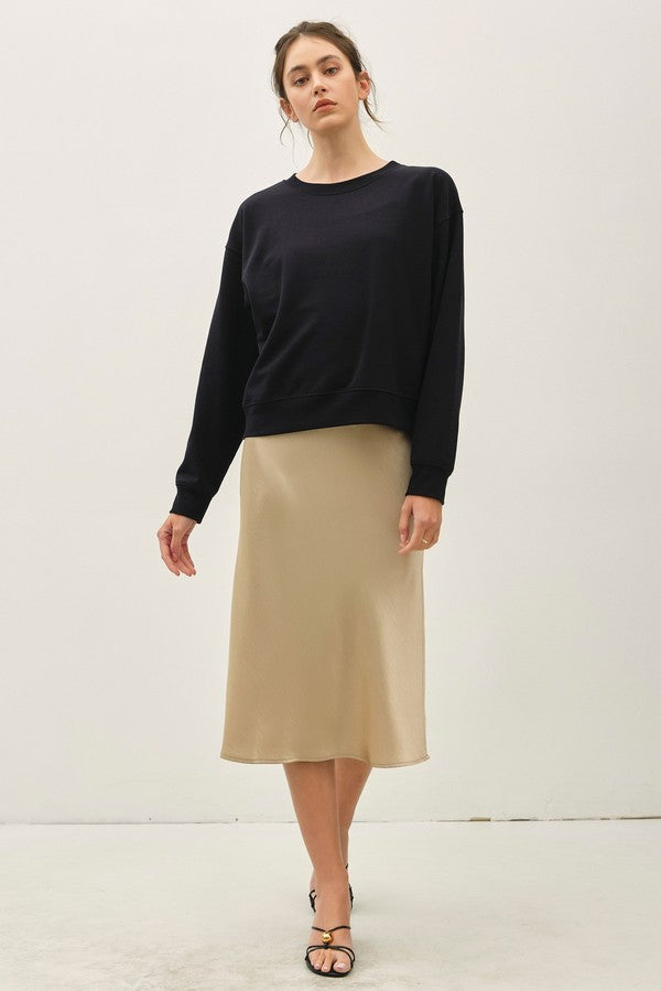 Be Cool Satin A-Line Midi Skirt with Elastic Waistline in Champagne Gold, front view