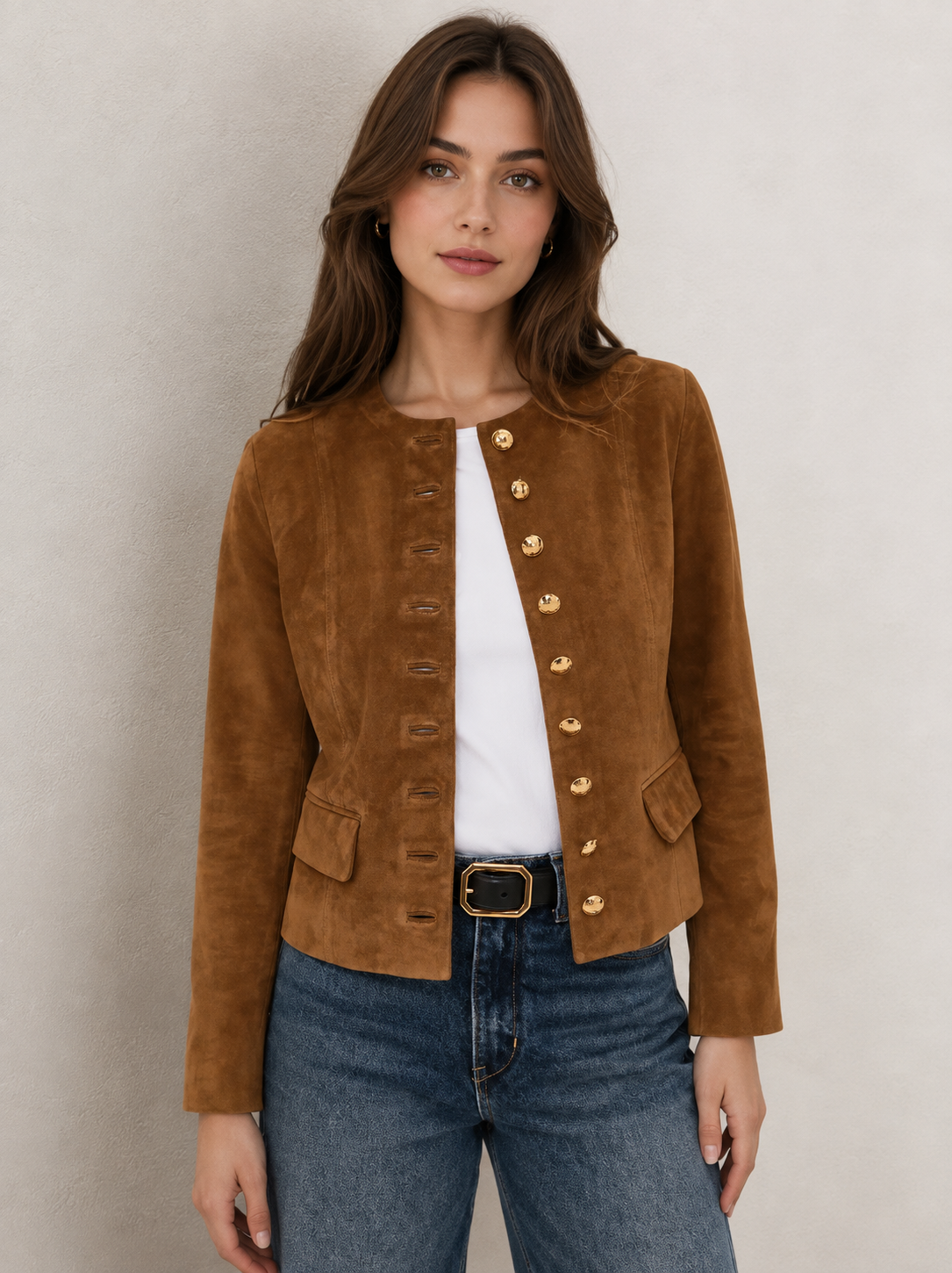 Model wearing a tailored suede jacket with gold button detailing, flap pockets, and a collarless neckline, styled with a white top, blue jeans, and a black belt against a neutral background.