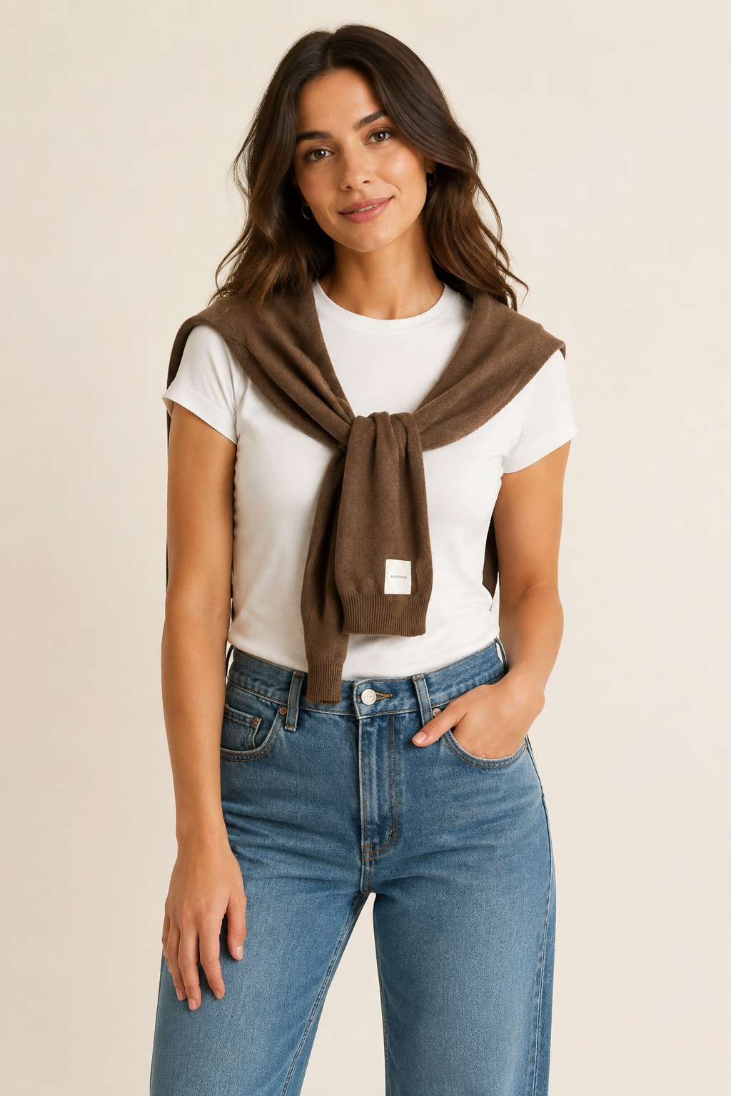 Woman wearing a knit faux sweater shoulder wrap tied at the front over a short-sleeve top.