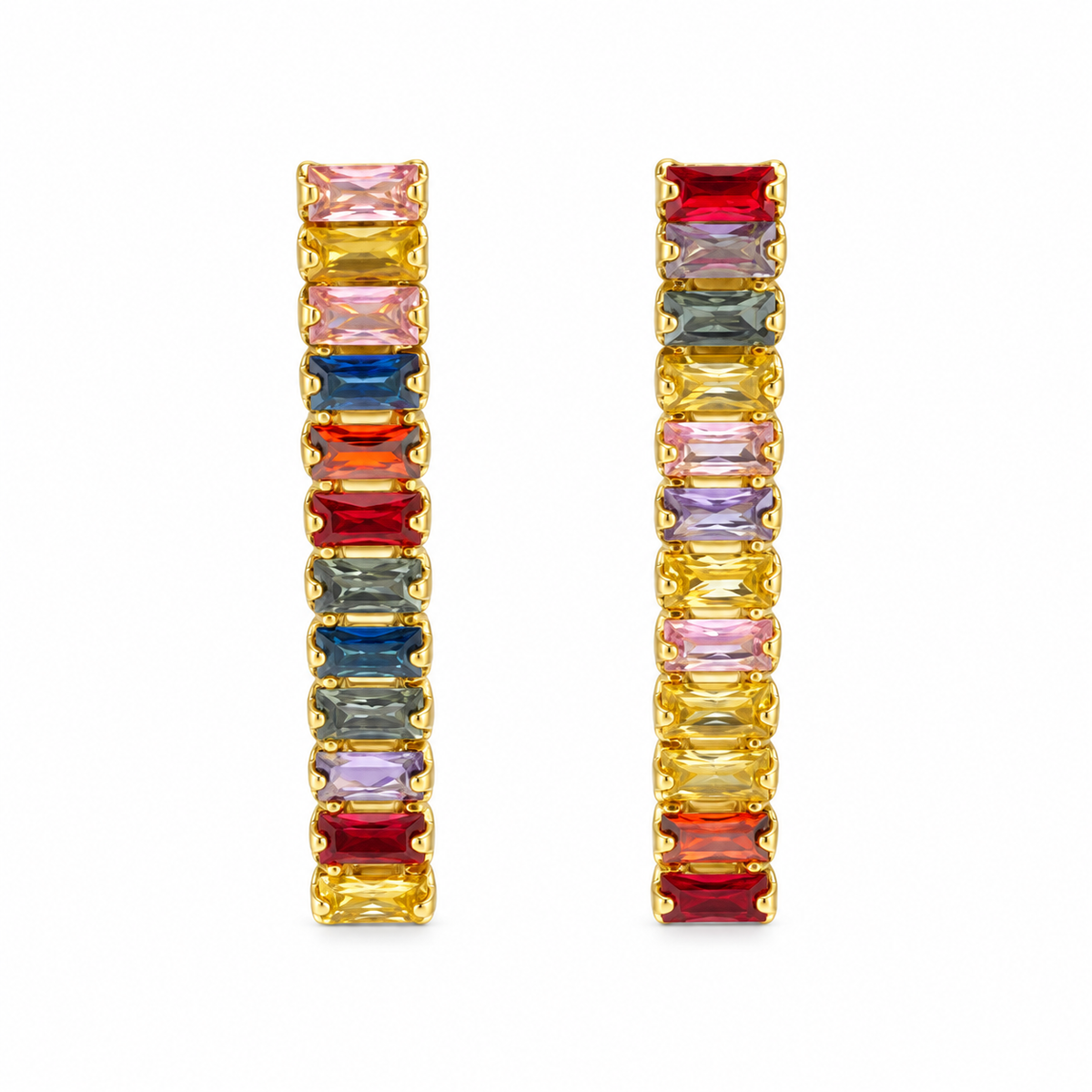 A pair of gold-toned rectangular stud earrings set with multiple colorful rectangular gemstones in pink, yellow, blue, red, green, and purple, shown on a plain white background.