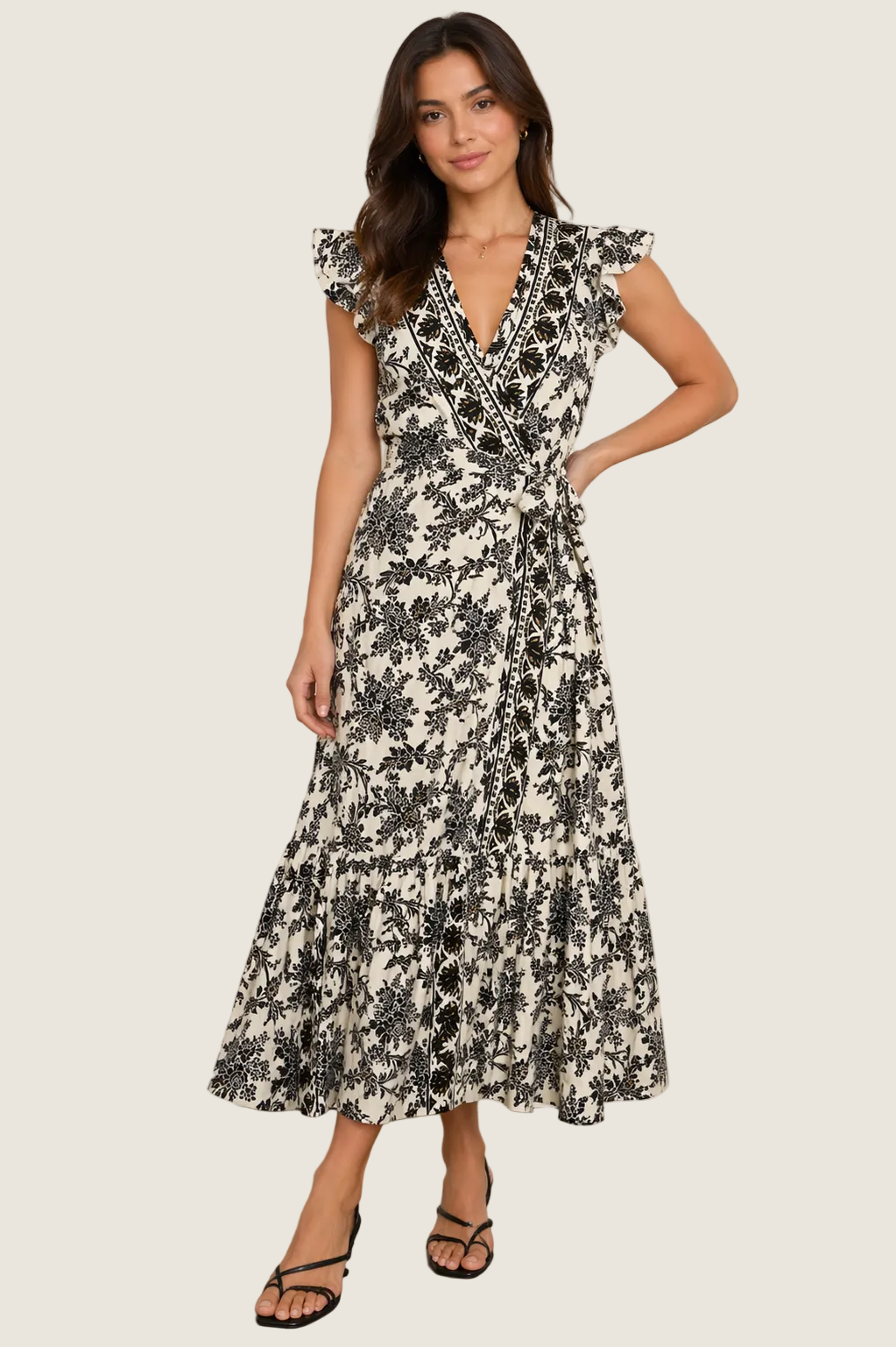 Floral wrap midi dress with ruffle sleeves, tie waist, and tiered hem