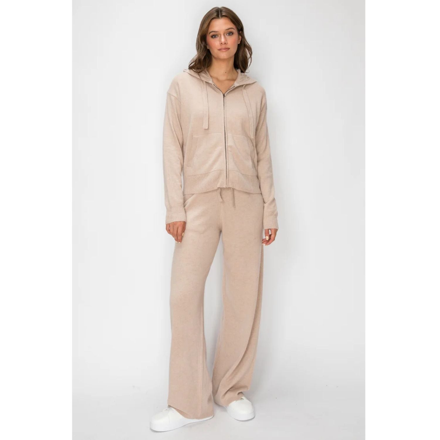Women's Cloudmere Zip Hoodie in Oat Melange featuring a front zipper, drawstring hood, relaxed fit, and ribbed cuffs.