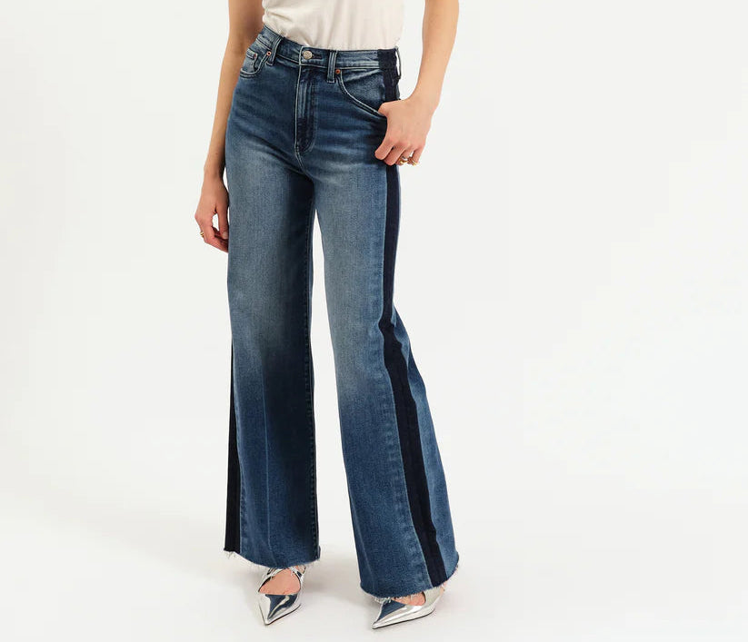 tuxedo stripe jeans, wide leg jeans, high rise wide leg denim, contrast stripe jeans, raw hem jeans, statement denim, women’s wide leg jeans, trendy denim 2025, elongating jeans, flattering wide leg jeans, dark wash wide leg, fashion jeans for women, chic wide leg pants, elevated denim, everyday denim essentials
