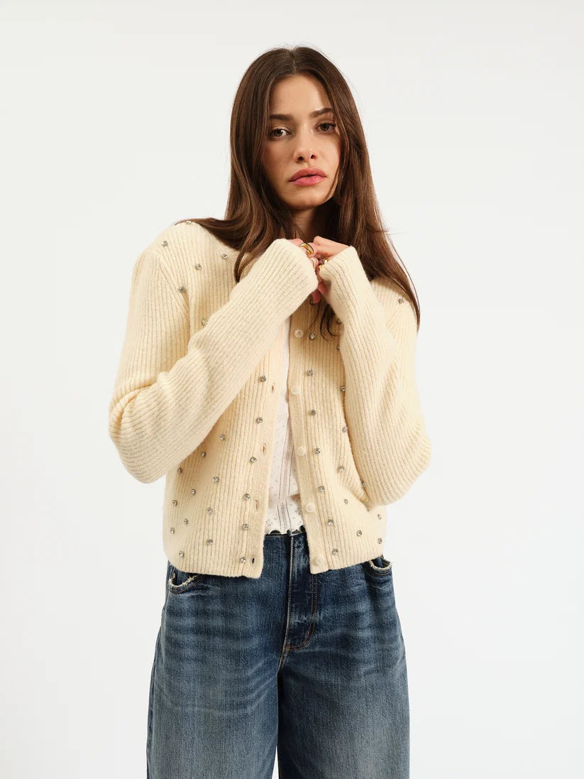 Ribbed button-front cardigan with crew neckline, long sleeves, and allover rhinestone embellishments.