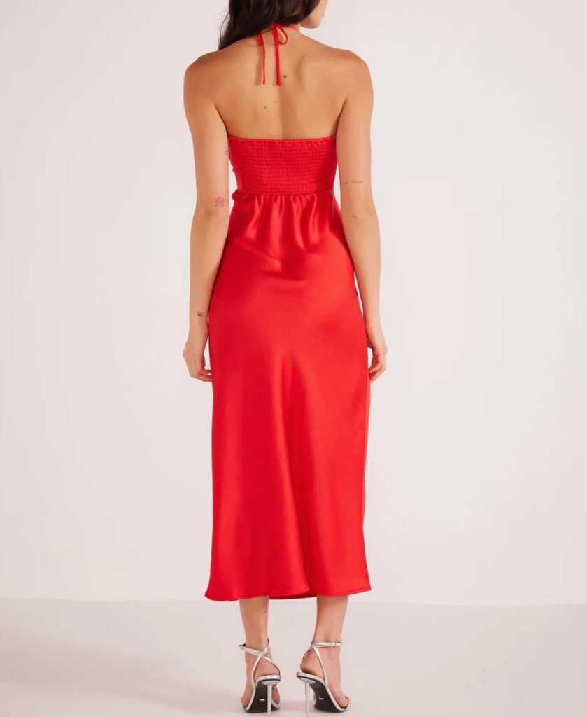 Sonia Halter Neck Midi Dress Red. This satin midi dress features a halter neckline with small cutout detail and invisible zip closure, perfect for standing out at any special event.