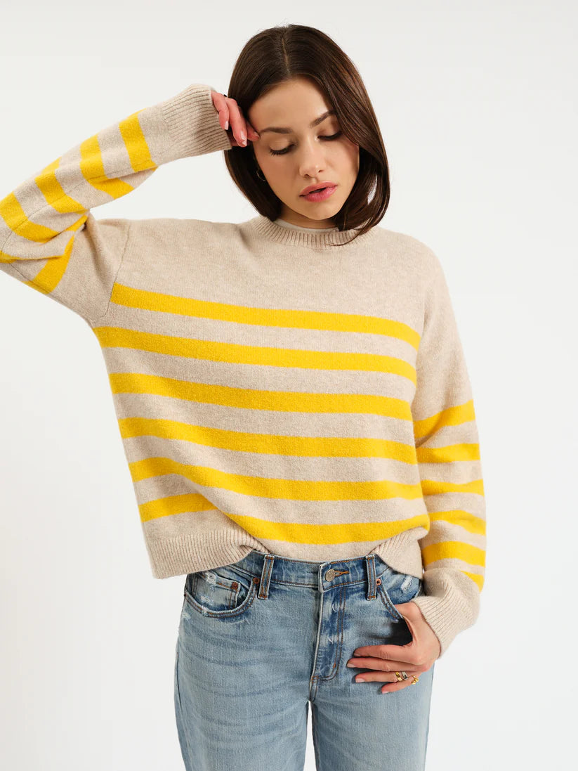 Carlylee Everyday Sweater in yellow and cream with a classic crew neckline and cozy knit design