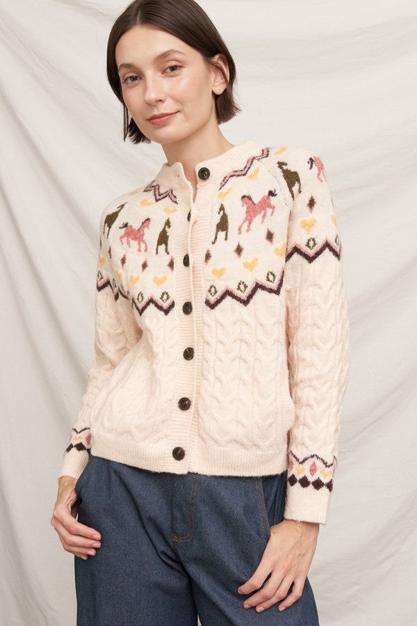 En Creme Horse Motif Cable Knit Cardigan in Beige, front view