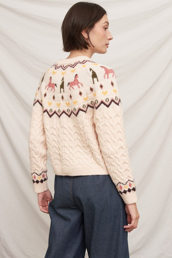 En Creme Horse Motif Cable Knit Cardigan in Beige, back three-quarter view