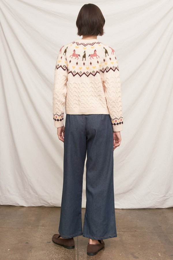 En Creme Horse Motif Cable Knit Cardigan in Beige, back view